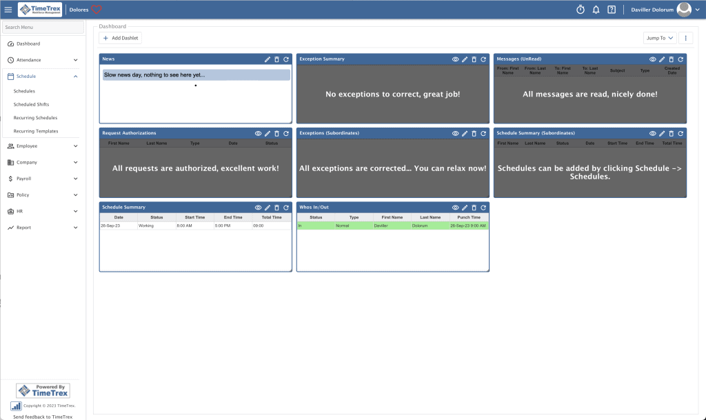 TimeTrex home dashboard screen