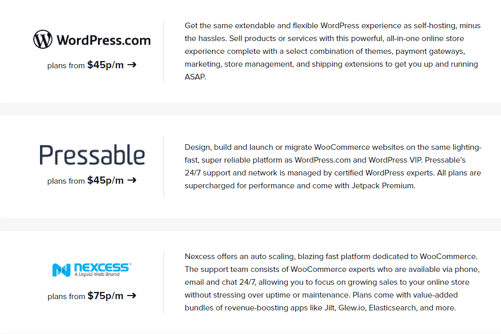 Screengrab showing options for WooCommerce hosting