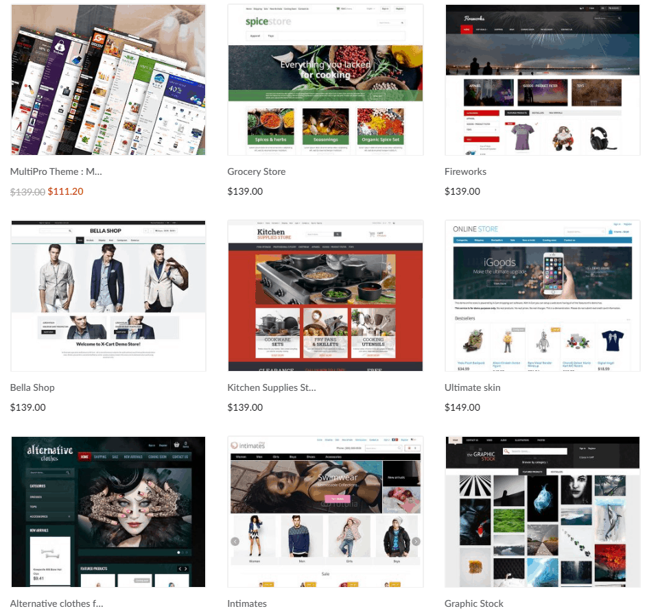 Screengrab showing a few of the paid theme options available in the X-Cart App store