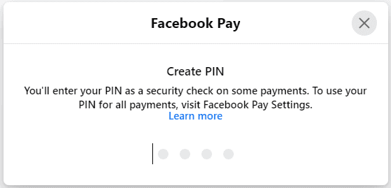 Facebook Pay PIN setup
