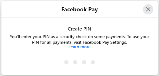 Screengrab of Facebook Pay PIN entry screen