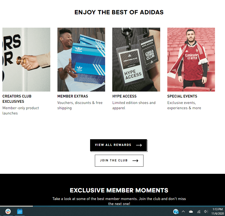 Screengrab showing Adidas Creators Club benefits, including free shipping