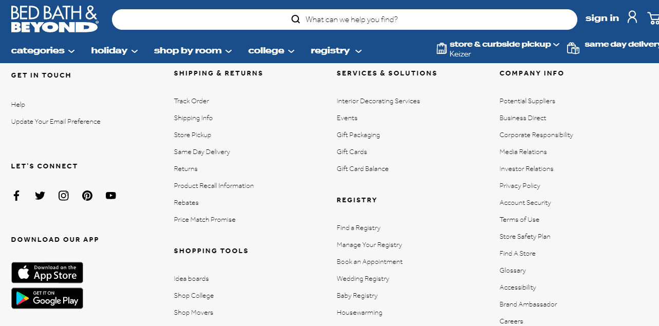 Screengrab of Bed Bath & Beyond's shipping policy information