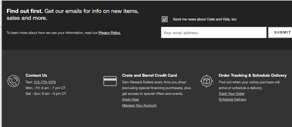 Screengrab showing Crate and Barrel shipment tracking link