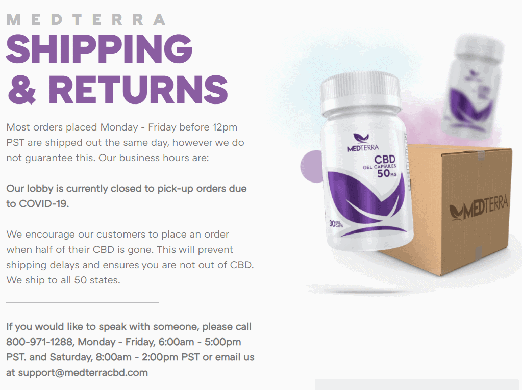 Screengrab showing Medterra shipping and returns policies