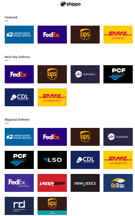 Screengrab showing some of the shipping partners who work with Shippo