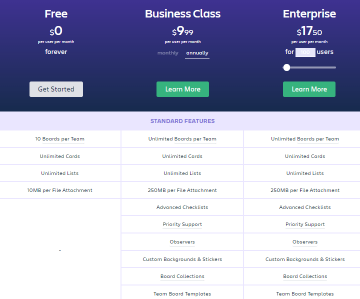 Screengrab of Trello pricing