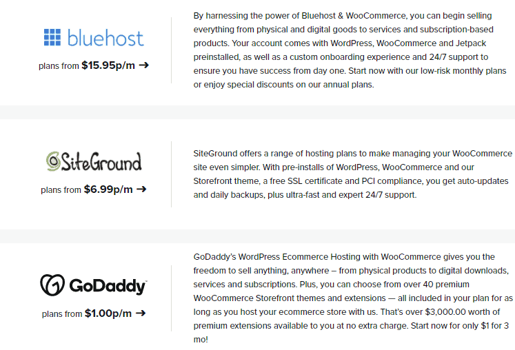 Screengrab of WooCommerce preferred hosting partner optoins