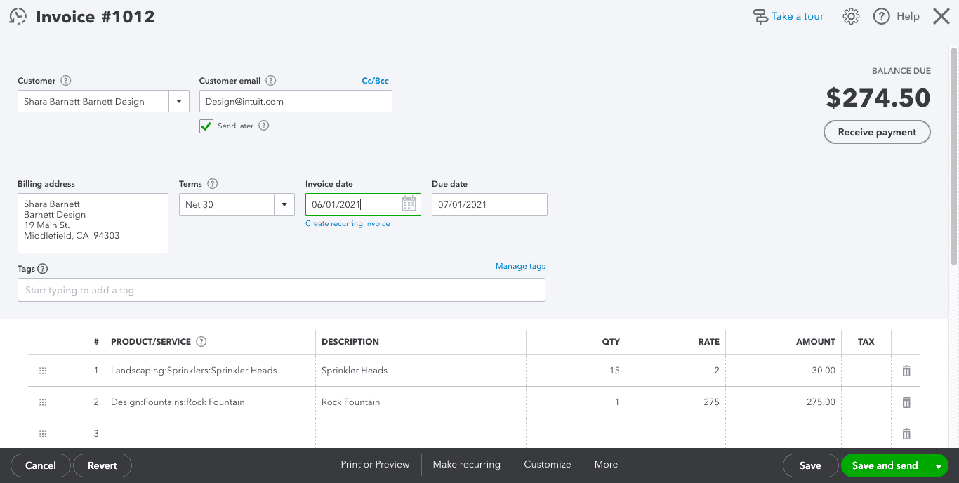 quickbooks online invoice