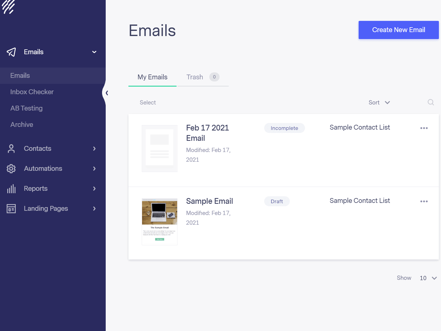 Screengrab of Benchmark Email dashboard