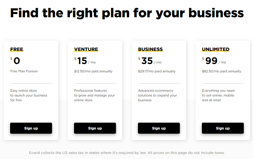 Screengrab of Ecwid pricing
