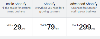 Screengrab of Shopify pricing