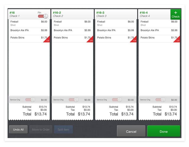 cake pos split check functionality