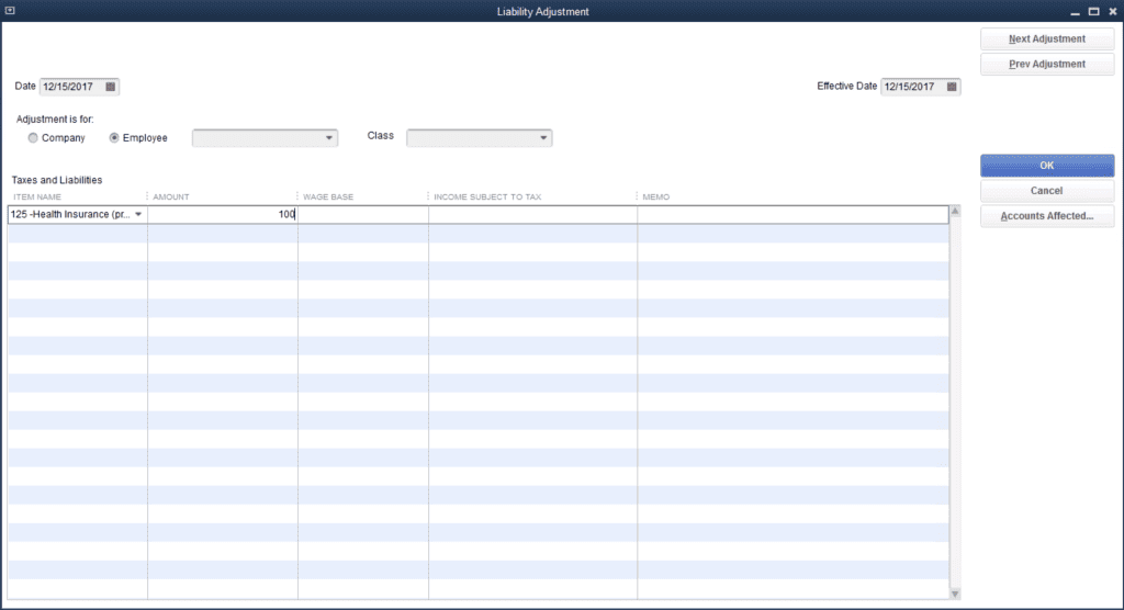 QuickBooks Desktop Payroll benefits deductions screen