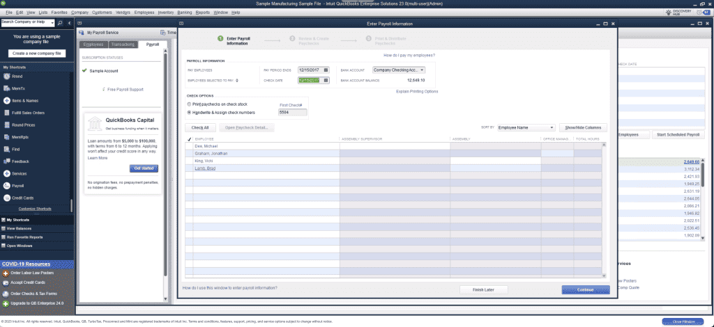 QuickBooks Desktop Payroll employee management dashboard screen