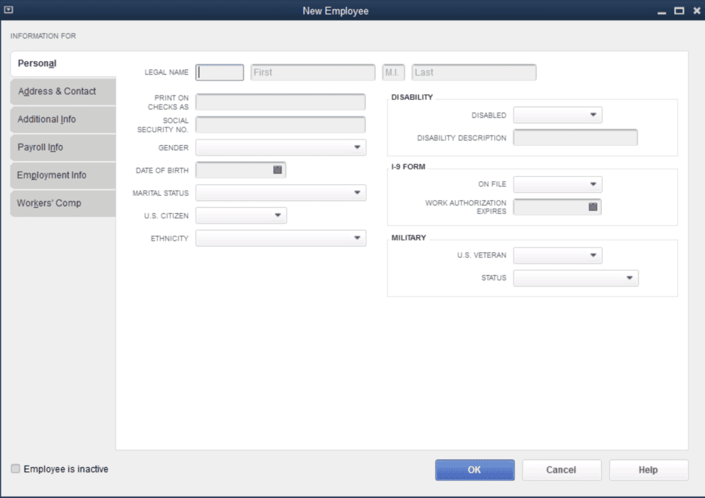 QuickBooks Desktop Payroll new employee onboarding screen