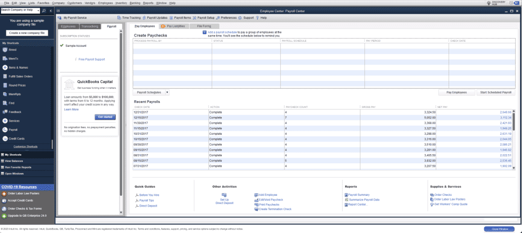 QuickBooks Desktop Payroll dashboard screen