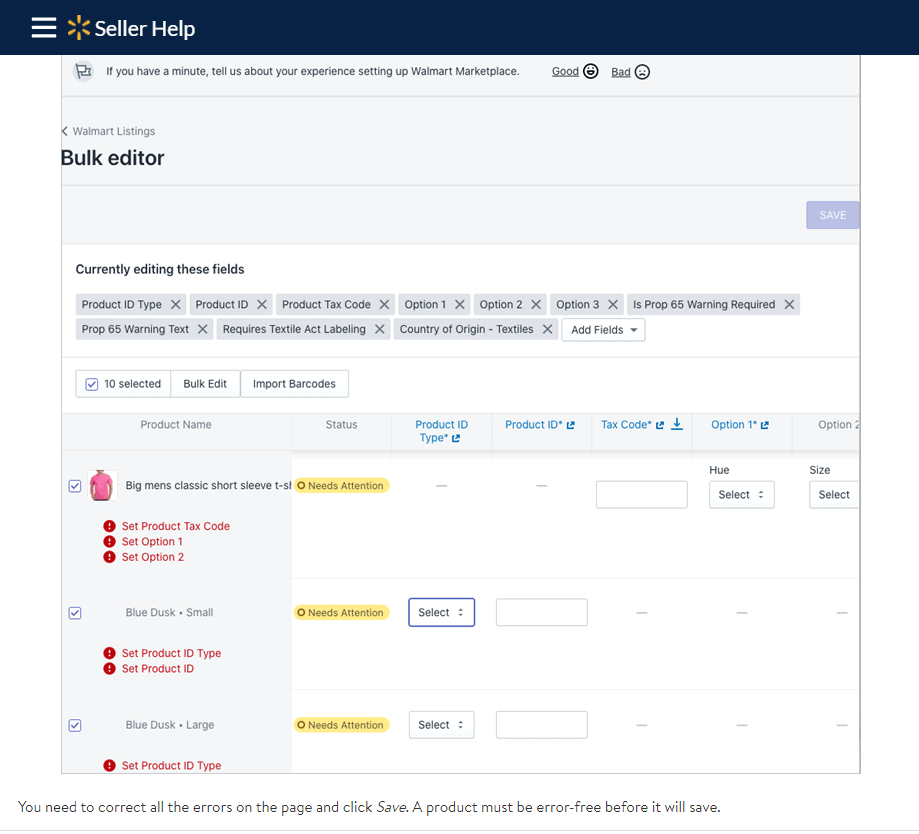 Screengrab of Walmart Marketplace bulk editor in the Shopify app