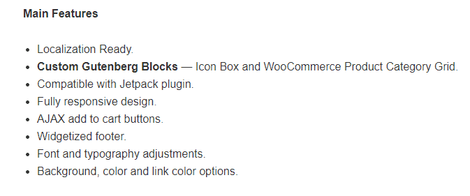 Screengrab of WooCommerce theme features