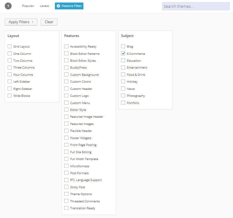 Screengrab of filter options available on the WordPress theme store