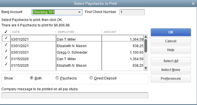quickbooks desktop payroll checks