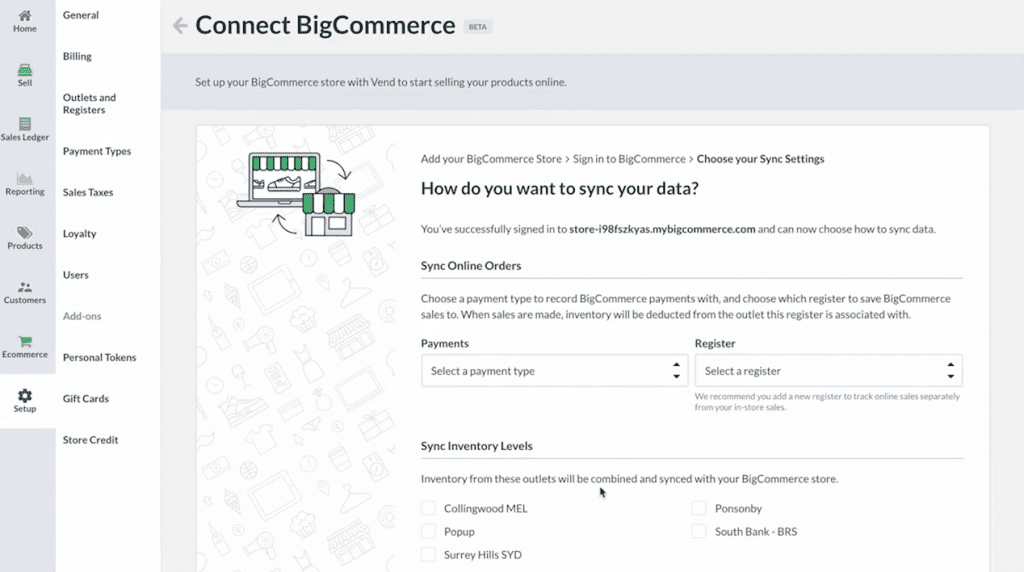 Vend BigCommerce POS integration dashboard.