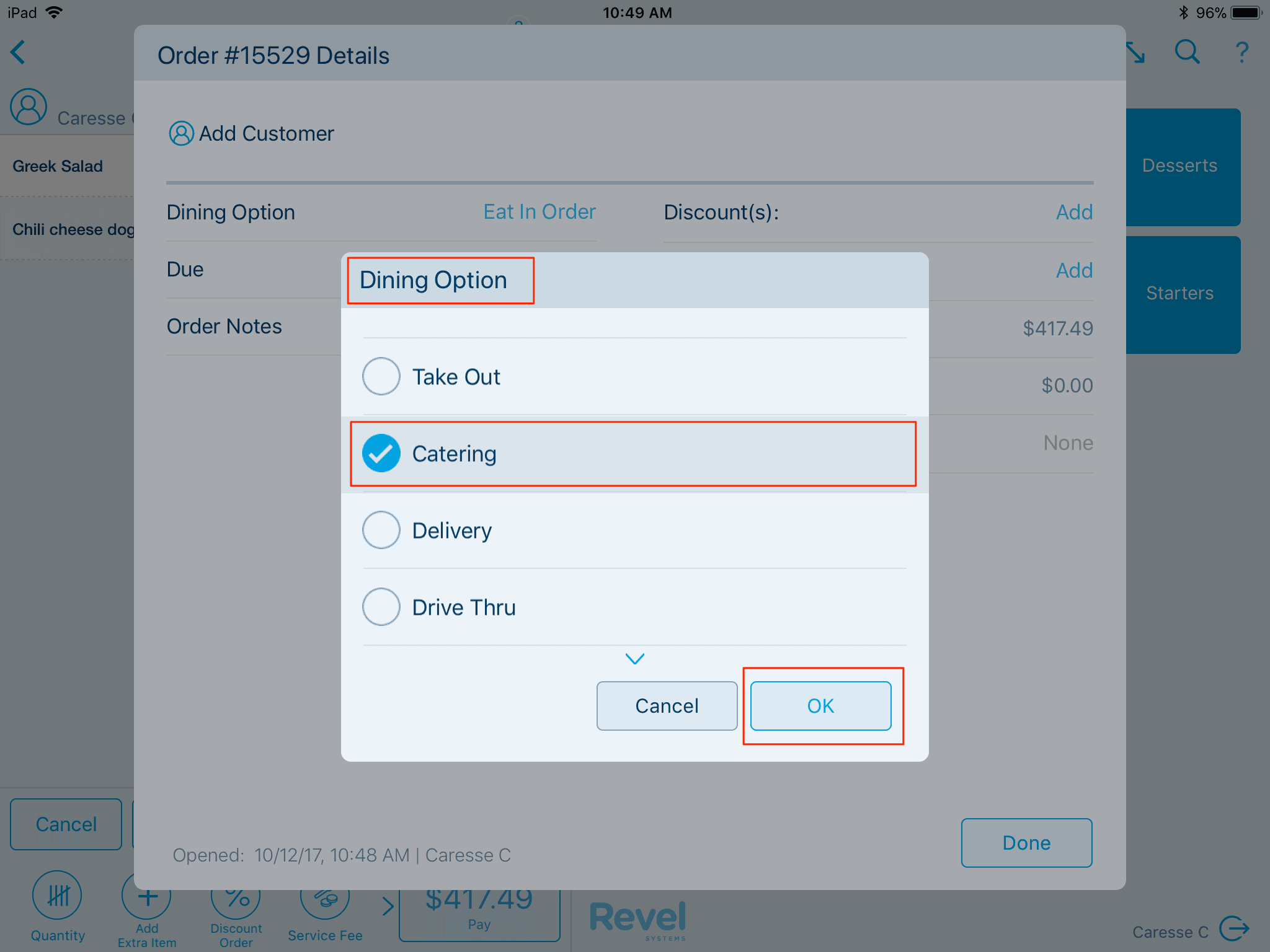 Screenshot of the beginning screen for creating a catering order