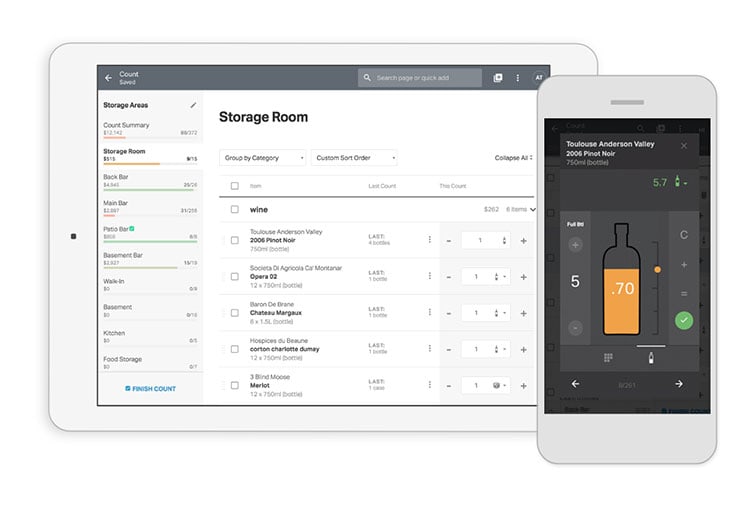A photo of the Lightspeed Restaurant and Bevspot integration liquid inventory management screen on a tablet and smartphone