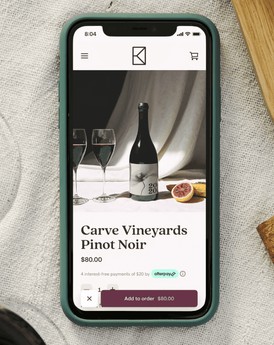 Picture of mobile winery website on a smartphone
