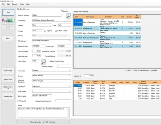 Screenshot of VinNow VinTracker Custom Crush interface