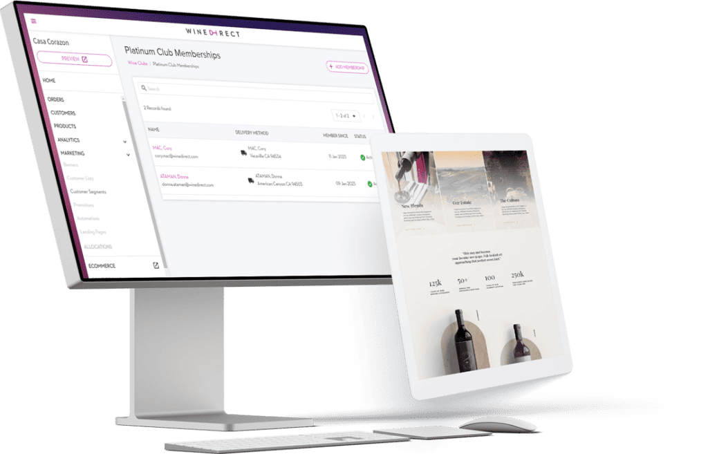 Picture of Winedirect's wine club management page on a desktop computer