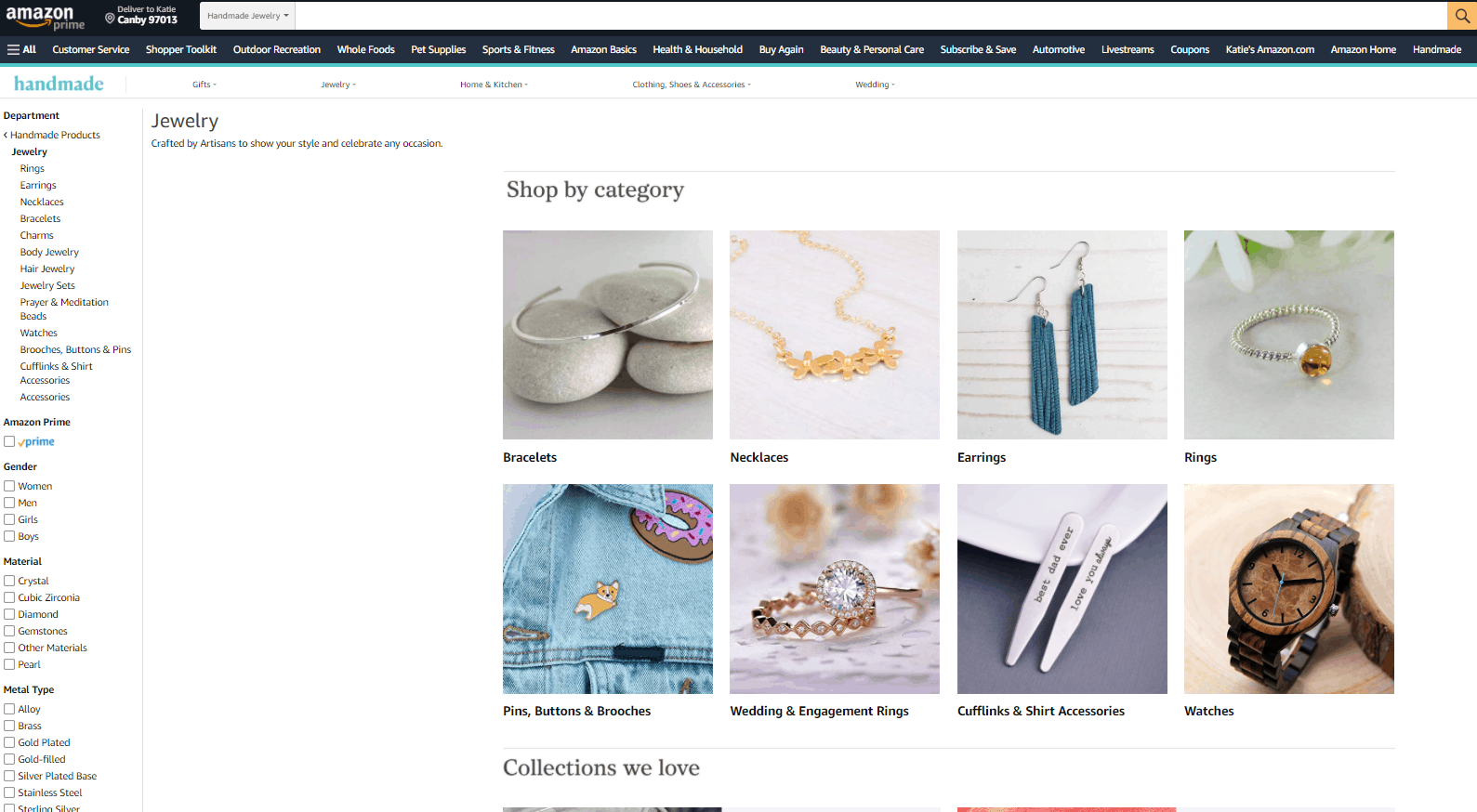 Screengrab of Amazon Handmade jewelry for sale