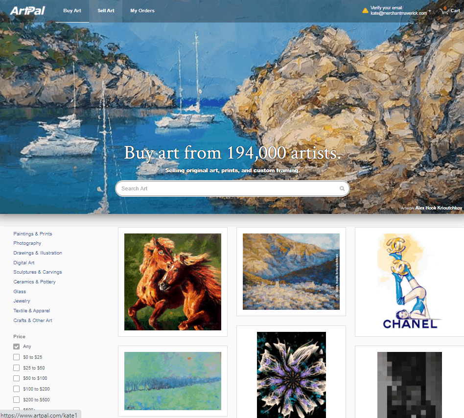 Screengrab of ArtPal home page