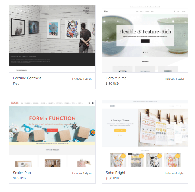 Screengrab of BigCommerce themes designed for artists to use
