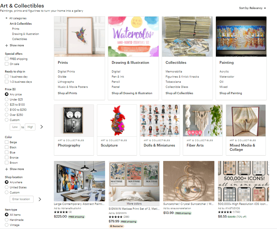 Etsy subcategories for original artwork