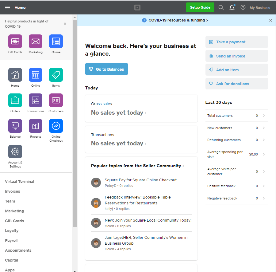Screengrab of Square Online store dashboard