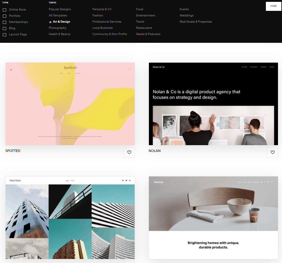 Screengrab of Squarespace templates designed for artists to use