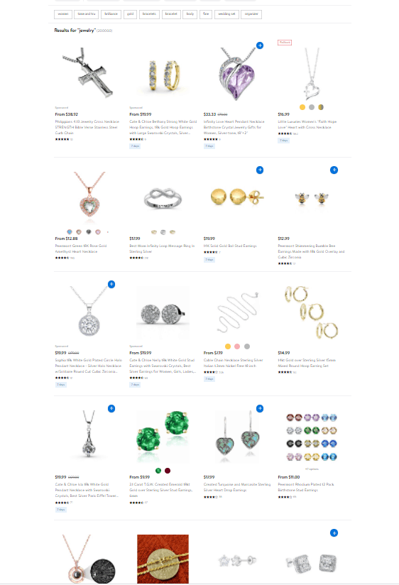 Screengrab of Walmart Marketplace webpage displaying jewelry