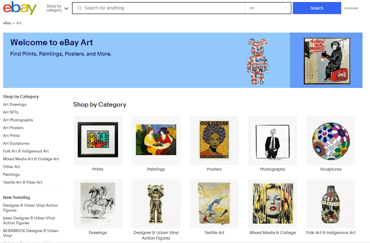 Screengrab of eBay Art listings
