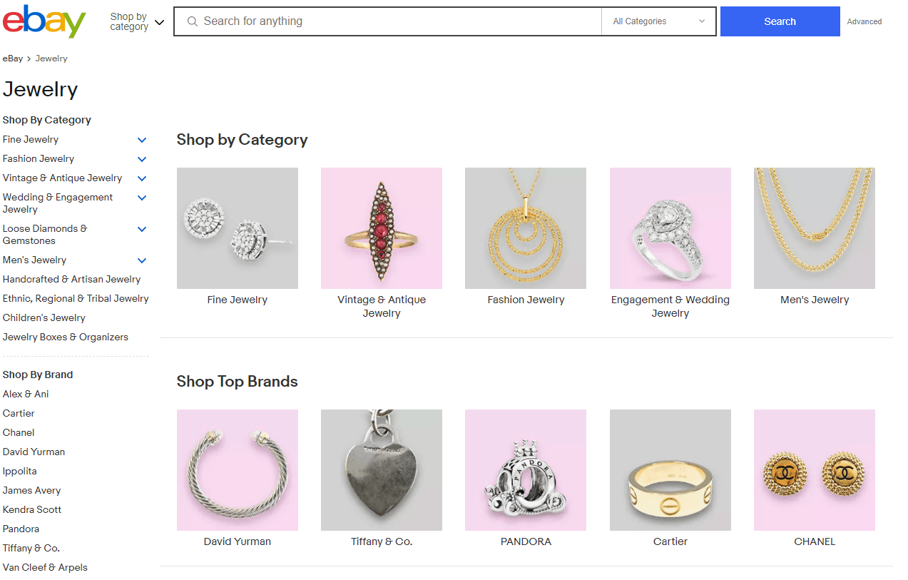 Search results for jewelry category on eBay auction website