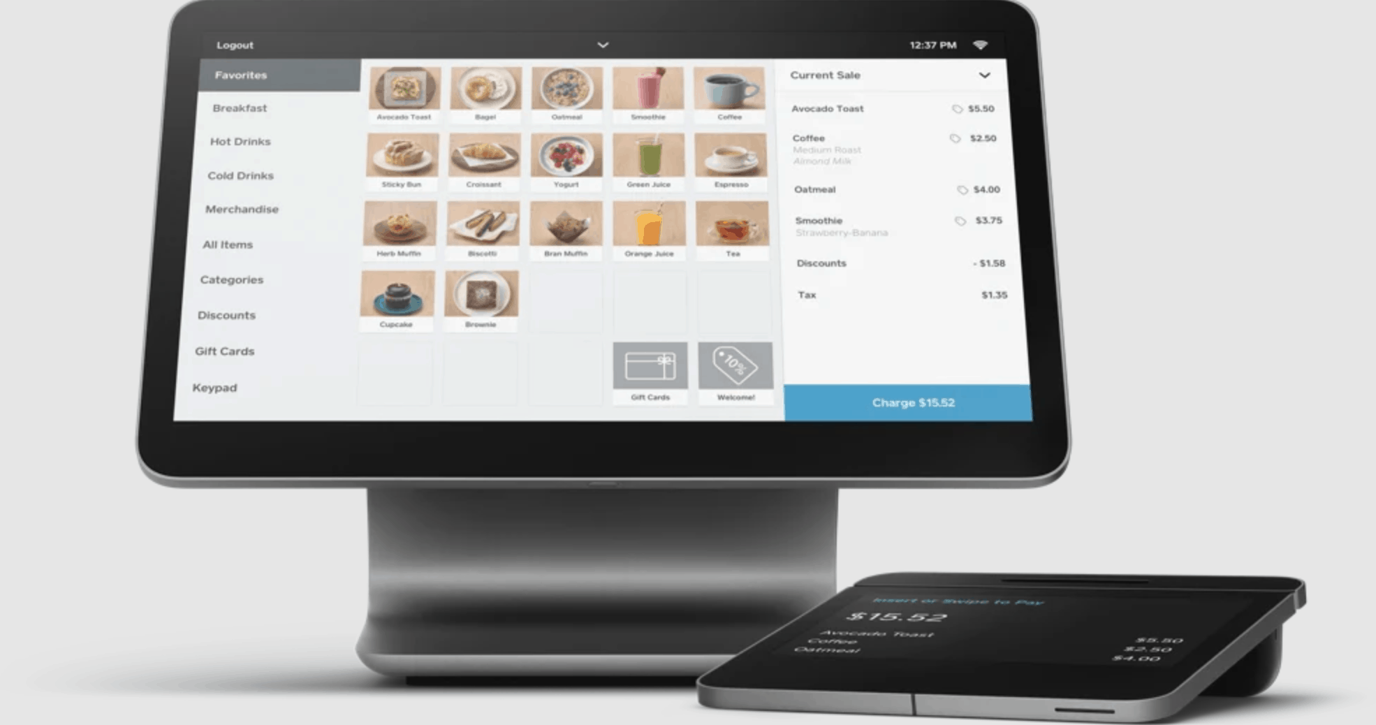 square register with customer facing display and quick serve setup