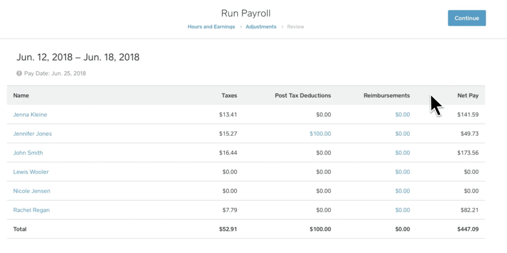 Square Payroll's "Run Payroll" Screen