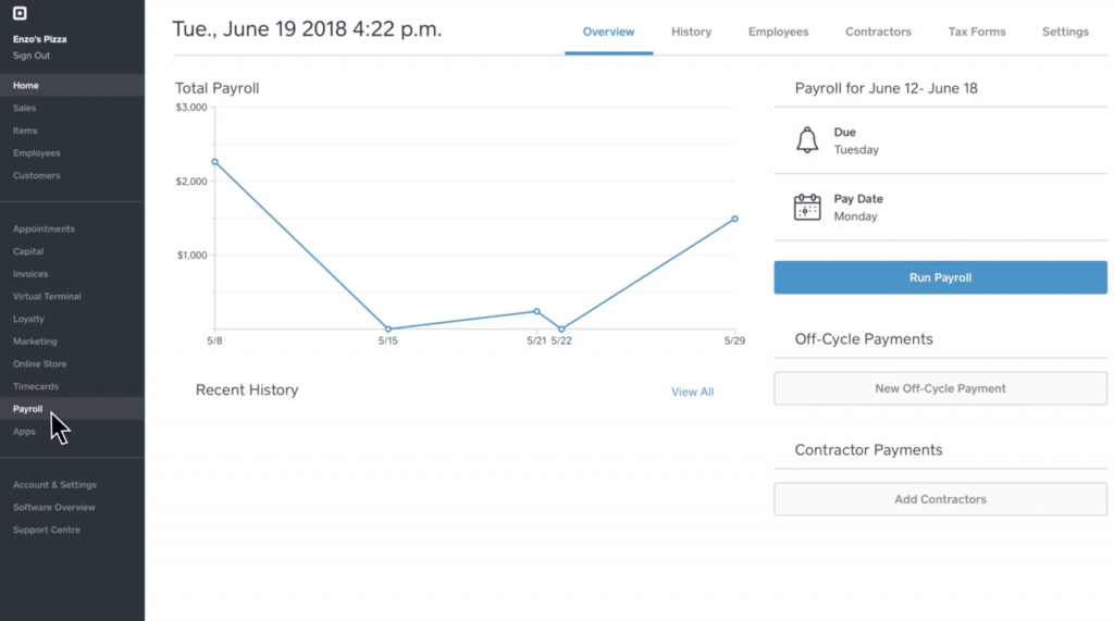 screenshot of Square Payroll's payroll dashboard