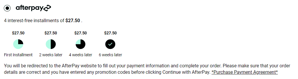 Example of Afterpay payment option selected at checkout.