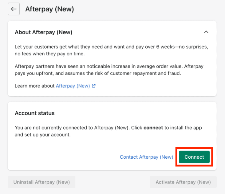 Connect Afterpay payment method to Shopify site.