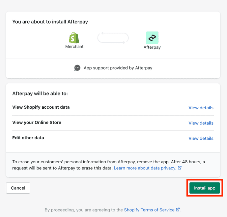 Install Afterpay app to Shopify website.