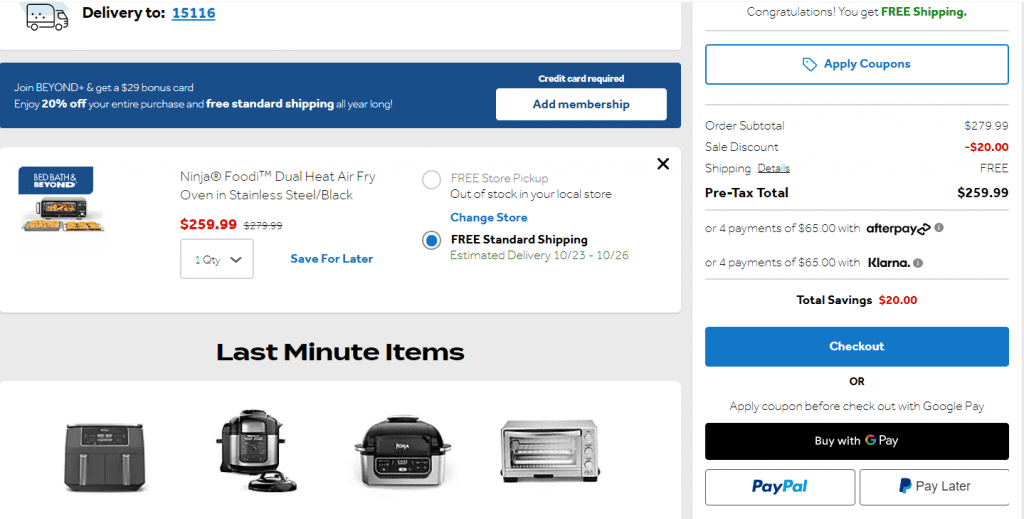 PayPal Pay Later button at checkout page on Bed, Bath, and Beyond website.