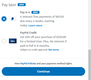 PayPal Pay In 4 and PayPal Credit options.