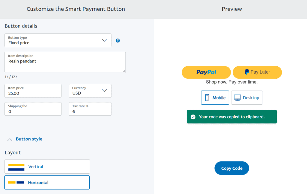 PayPal button generator example.