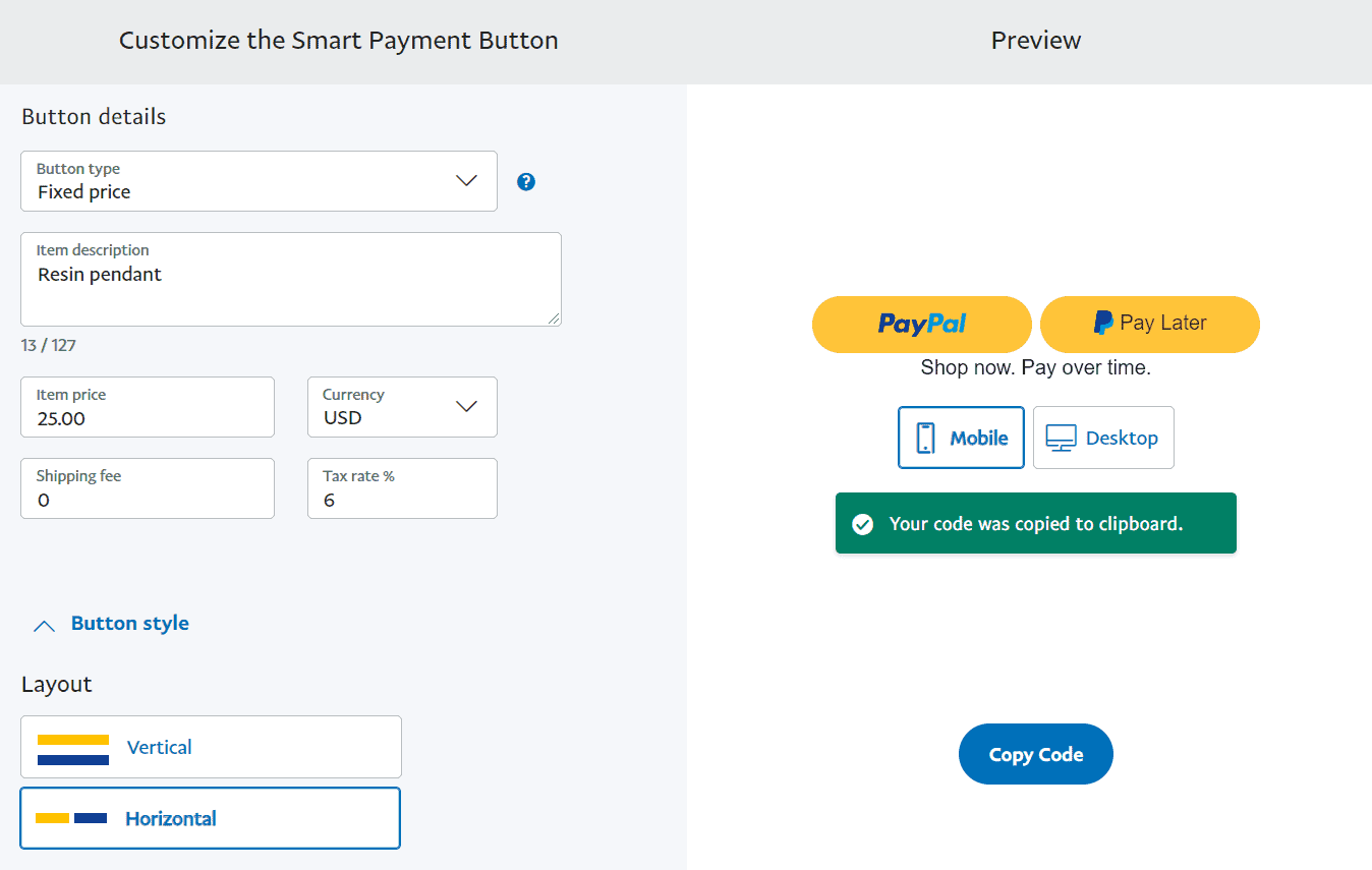 PayPal button generator example.